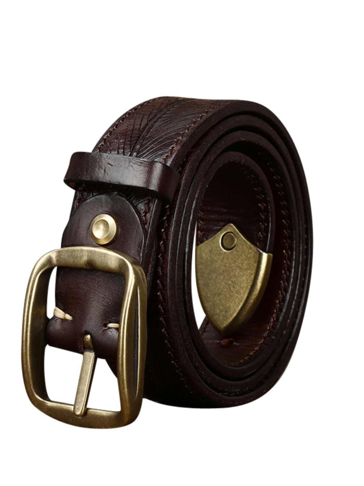 Men’s Double-Sided Genuine Cowhide Belt – 3.8CM Wide Thick Leather with Brass Buckle