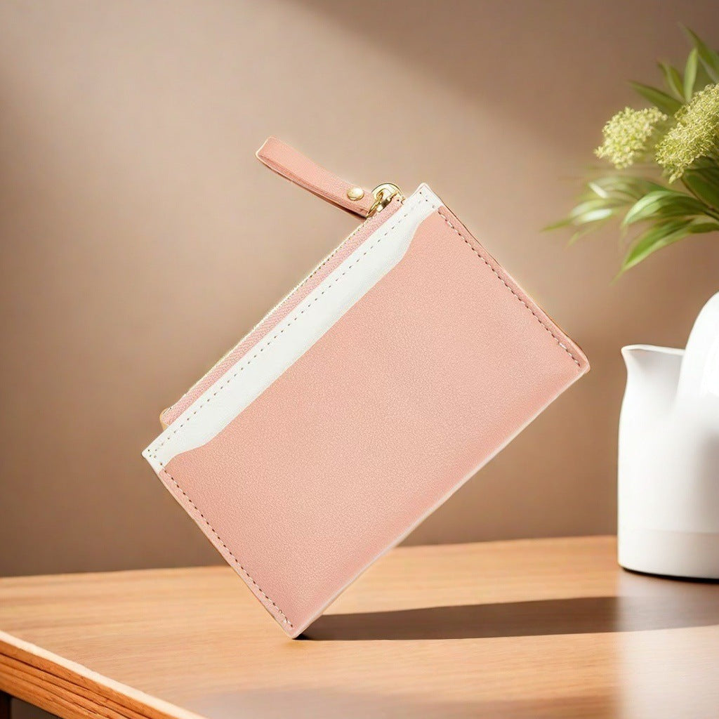 Women’s PU Leather Zipper Coin Purse – Contrast Color Card Holder with Anti-theft Protection