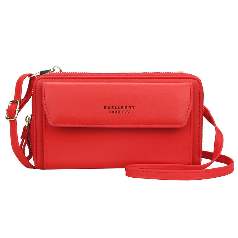 Ladies’ Long Wallet with Double Zipper – Large Capacity PU Leather Diagonal Crossbody Bag