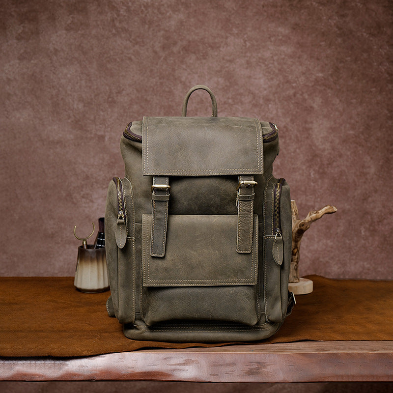 Retro Crazy Horse Leather Men’s Backpack – Large Capacity 15.6" Laptop Travel Bag, Genuine Cowhide Computer Backpack
