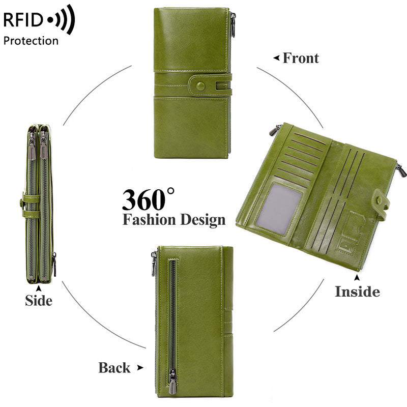 Oil Wax Leather Women’s Long Wallet – Double Zipper Retro Anti-theft PU Purse