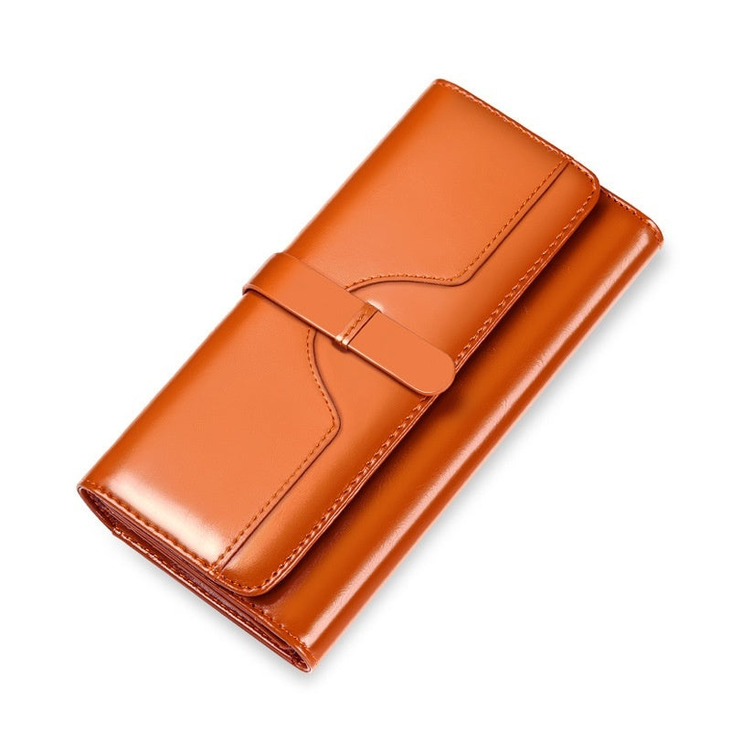 Pure Leather Women’s Tri-fold Wallet – Long Buckle Genuine Cowhide