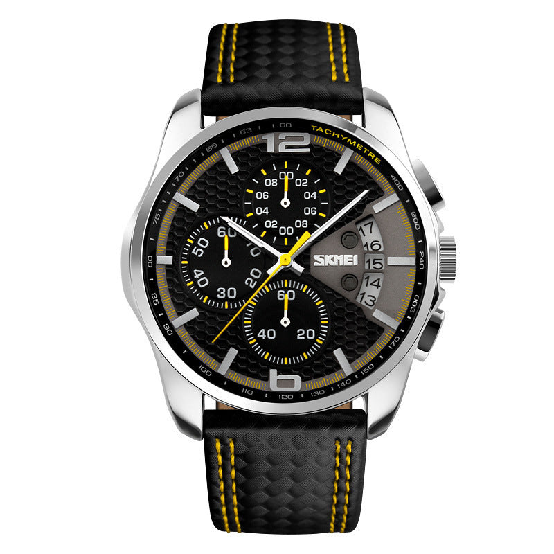 Men’s Leather Quartz Sports Watch – Waterproof Chronograph with Calendar