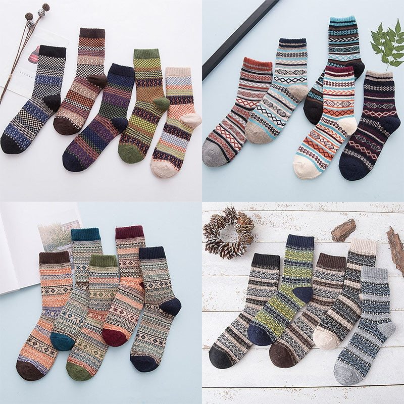 Winter Warm Stripe Wool Socks – 5 Pairs Thick Casual Business Socks for Men