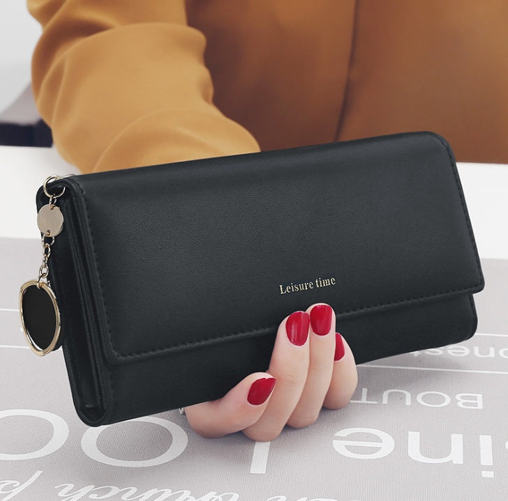 Women’s Korean Style Pendant Wallet – Long PU Leather Multi-Function Tri-Fold Purse