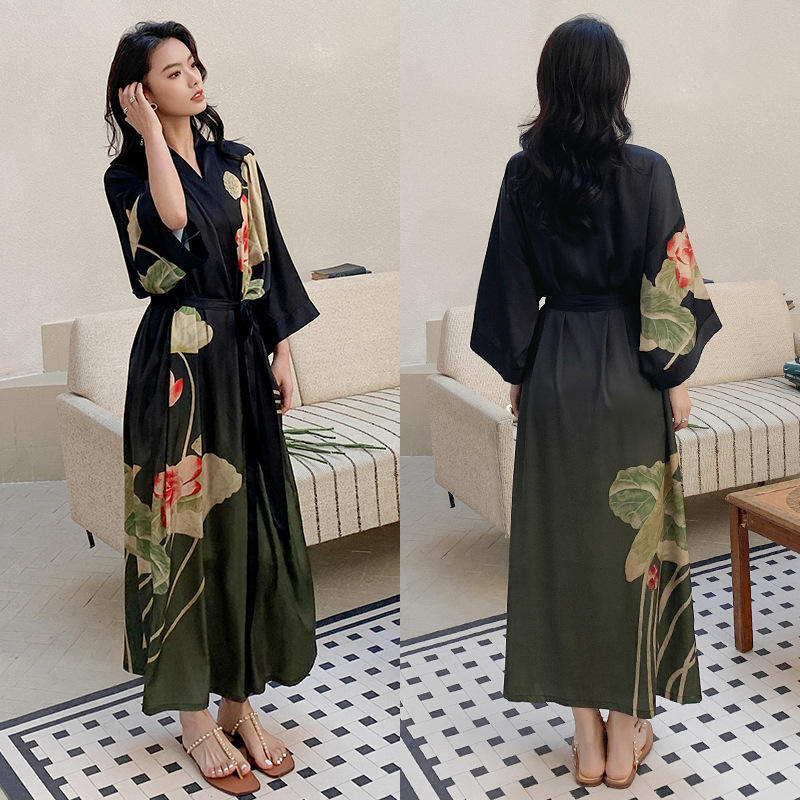 Women’s Luxury Silk Dressing Gown – Long Floral Print Elegant Nightwear Robe