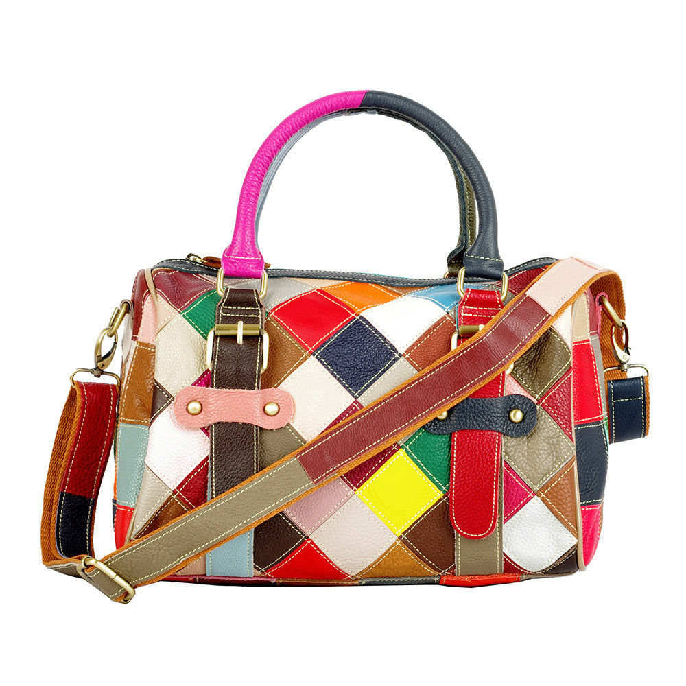 iPinee Women’s Genuine Cowhide Leather Handbag – Designer Plaid Messenger Bag with Color Contrast