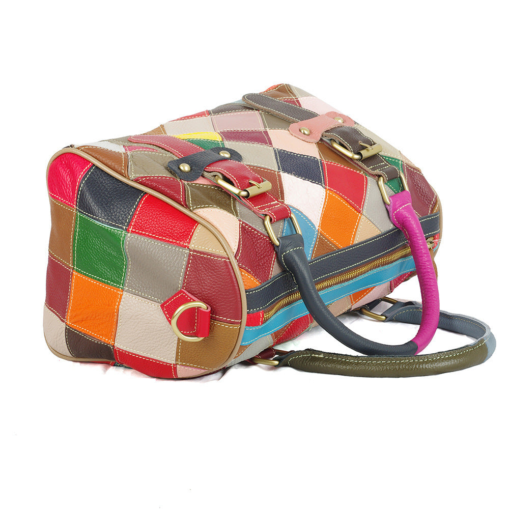 iPinee Women’s Genuine Cowhide Leather Handbag – Designer Plaid Messenger Bag with Color Contrast