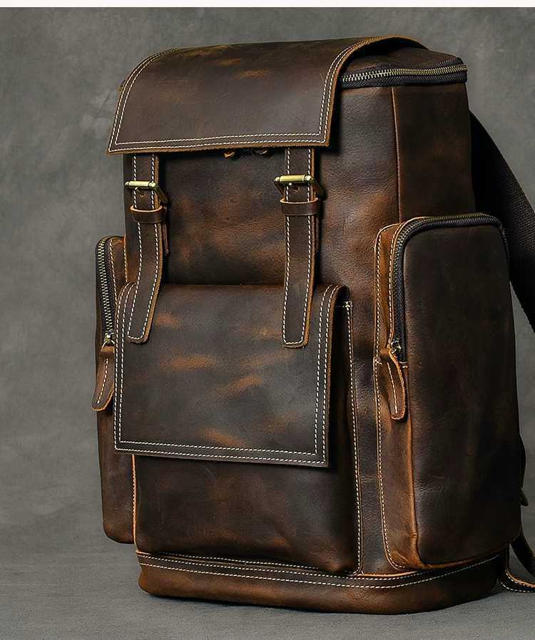 Retro Crazy Horse Leather Men’s Backpack – Large Capacity 15.6" Laptop Travel Bag, Genuine Cowhide Computer Backpack