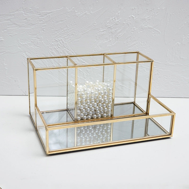 Glass Makeup Organizer with Golden Brass Frame – Bathroom Cosmetic Storage Box
