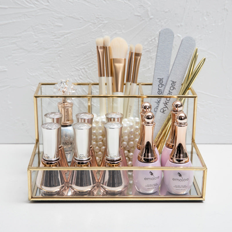 Glass Makeup Organizer with Golden Brass Frame – Bathroom Cosmetic Storage Box
