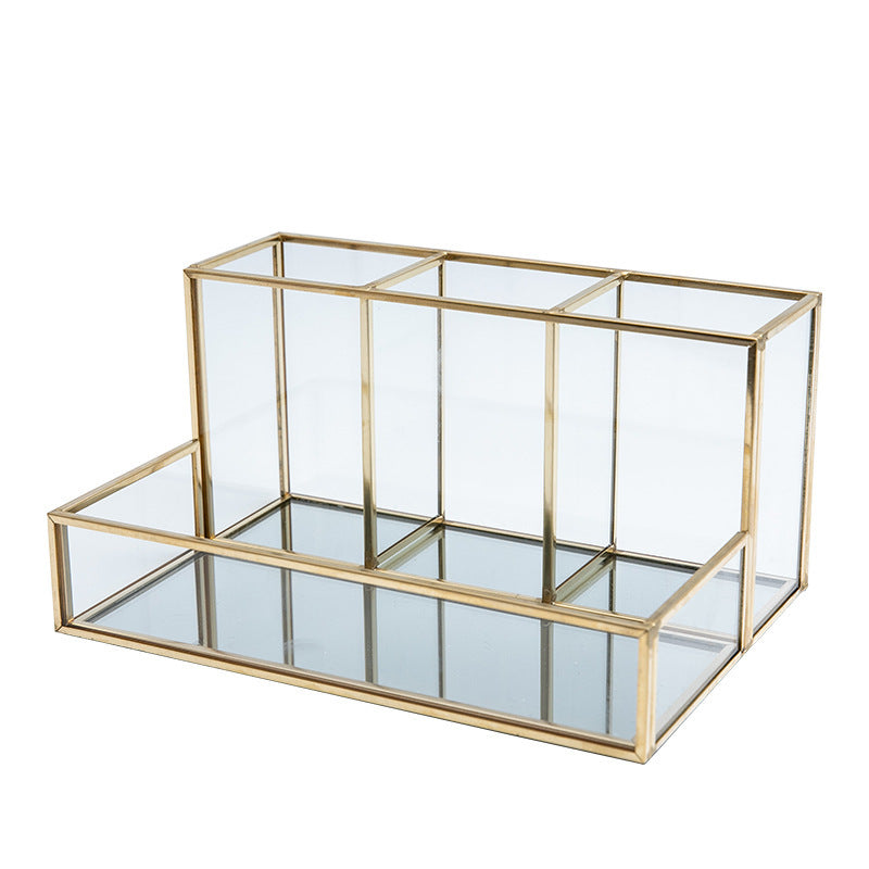 Glass Makeup Organizer with Golden Brass Frame – Bathroom Cosmetic Storage Box