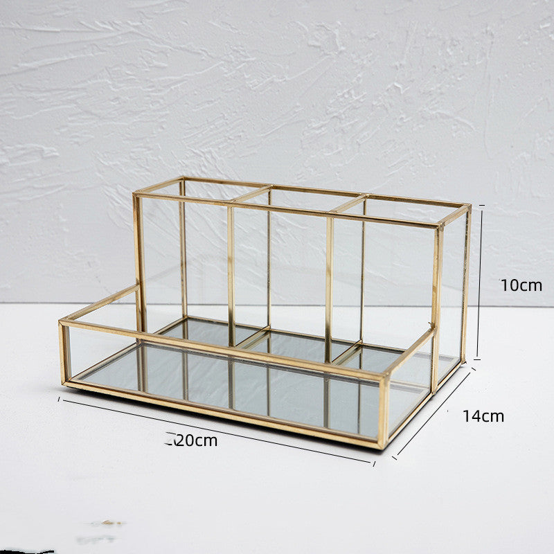 Glass Makeup Organizer with Golden Brass Frame – Bathroom Cosmetic Storage Box