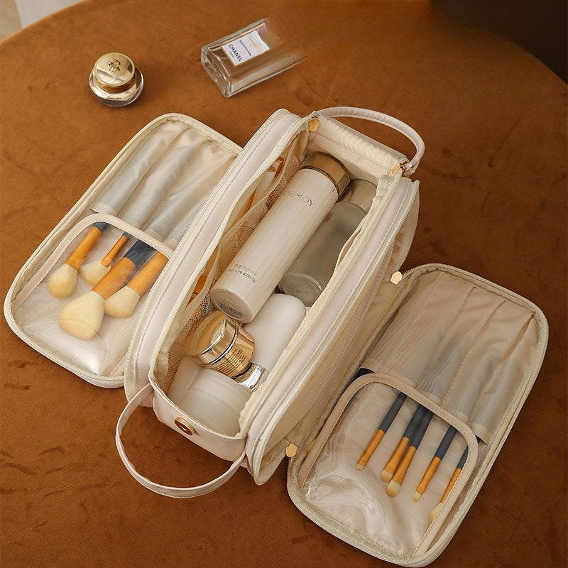Three-Layer PU Leather Cosmetic Bag – Double Zipper U-Shape Portable Makeup Organizer