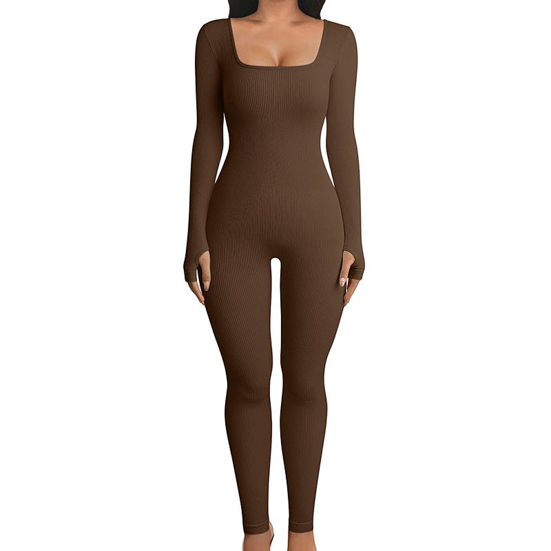 Seamless Double-Layer Body Shaper Jumpsuit – Long Sleeve Yoga & Sports Bodysuit for Women