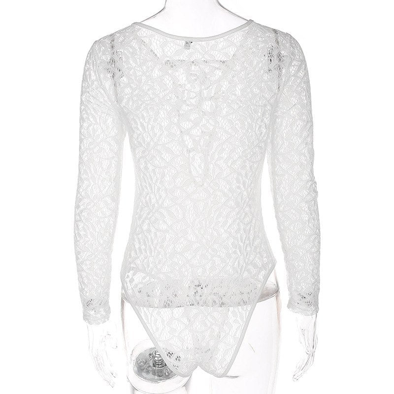 Women’s Lace Romper Jumpsuit – Deep V Hollow Out Short Bodysuit with Tie, Long Sleeve Summer White