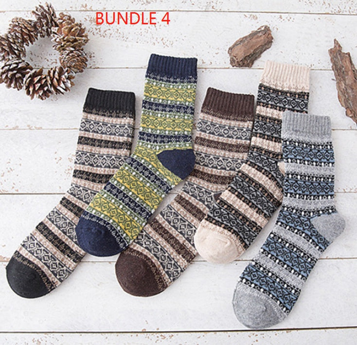 Winter Warm Stripe Wool Socks – 5 Pairs Thick Casual Business Socks for Men