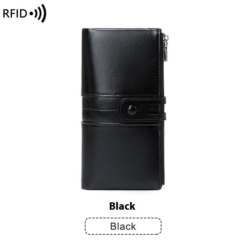 Oil Wax Leather Women’s Long Wallet – Double Zipper Retro Anti-theft PU Purse