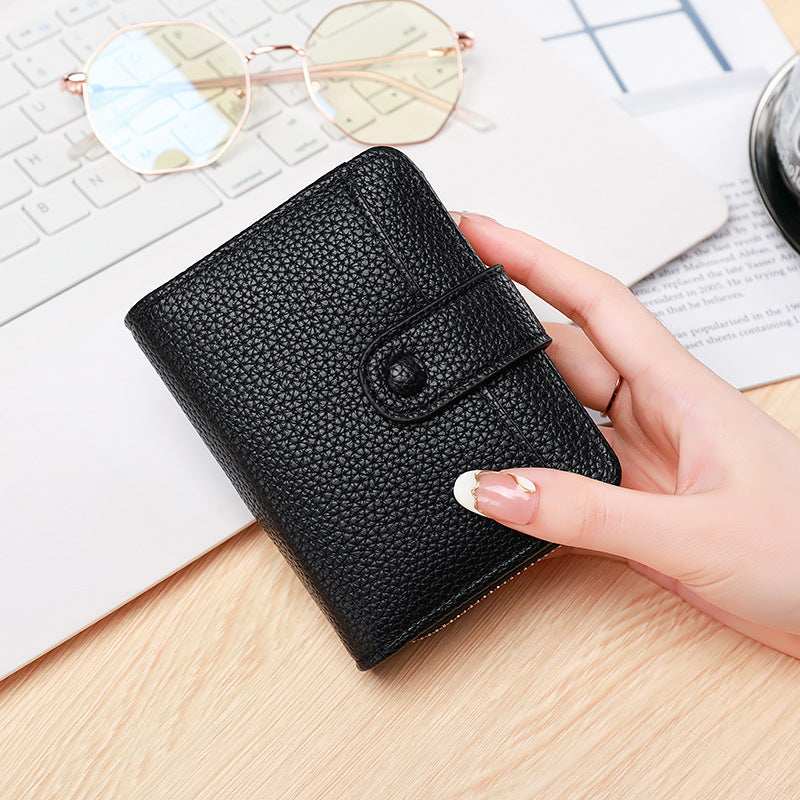 Ladies’ Short Wallet with Lychee Pattern – 2-Fold PU Leather Mini Purse
