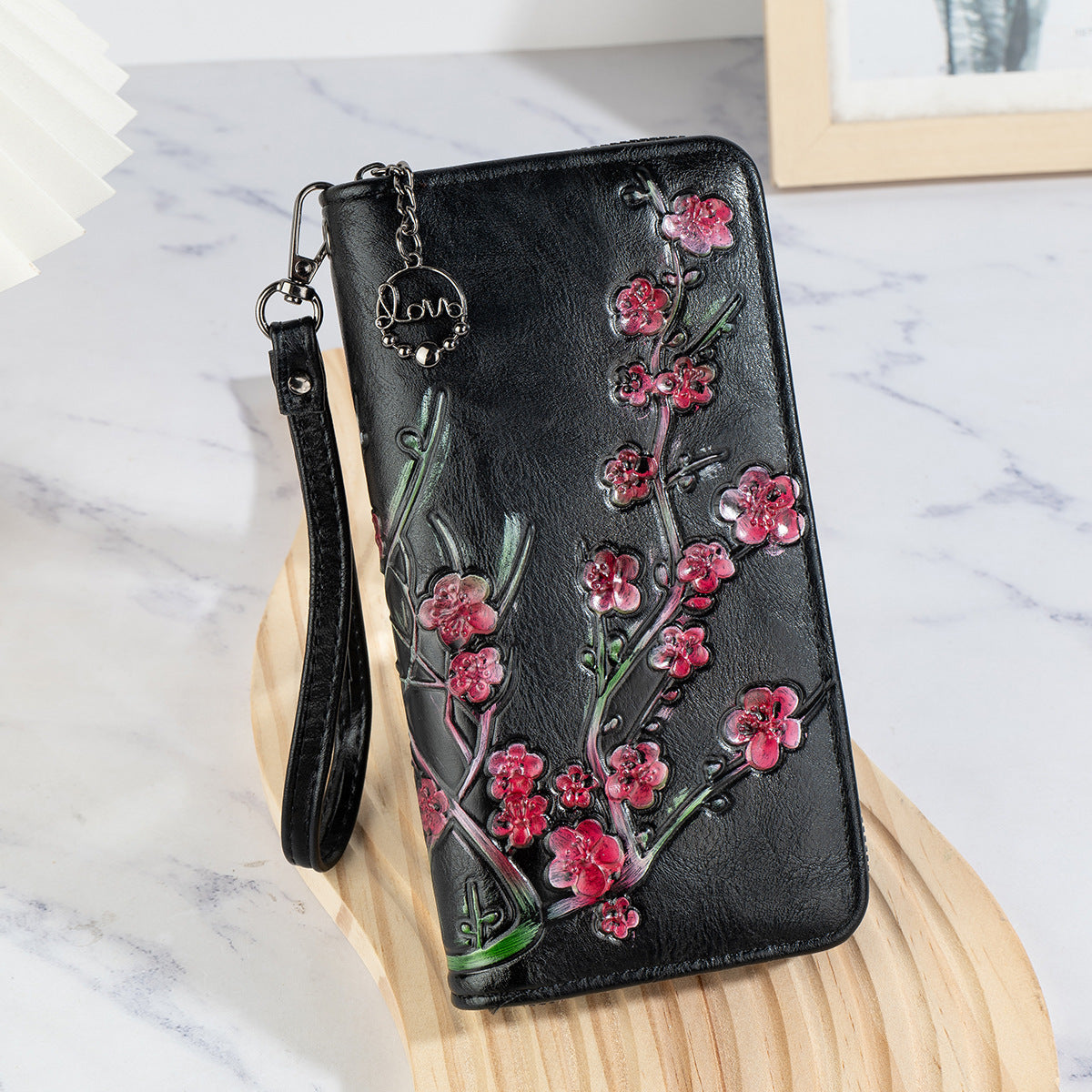 Embossed Hand-painted Chinese Style PU Zipper Handbag – Retro Floral Women’s Wallet