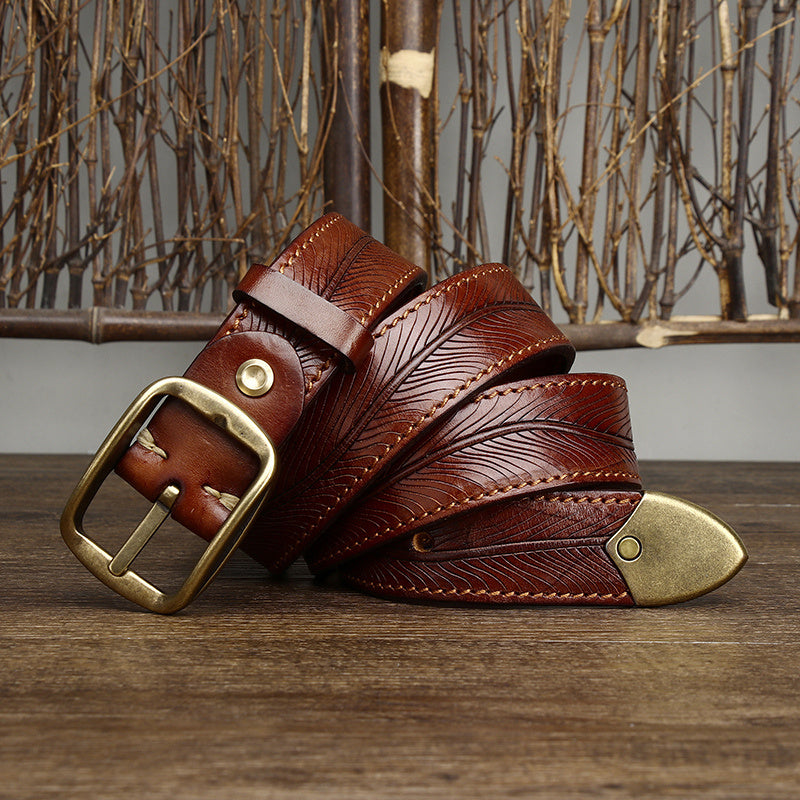 Men’s Double-Sided Genuine Cowhide Belt – 3.8CM Wide Thick Leather with Brass Buckle