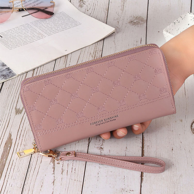 Women’s Crown Embroidery Clutch Wallet – Single Zip PU Leather Long Purse