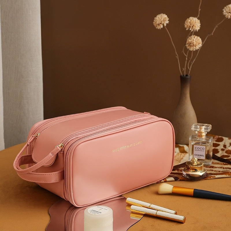 Three-Layer PU Leather Cosmetic Bag – Double Zipper U-Shape Portable Makeup Organizer