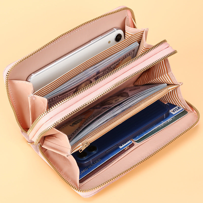 Women’s Double Zipper Long Wallet – Multi Card Slots PU Leather Purse