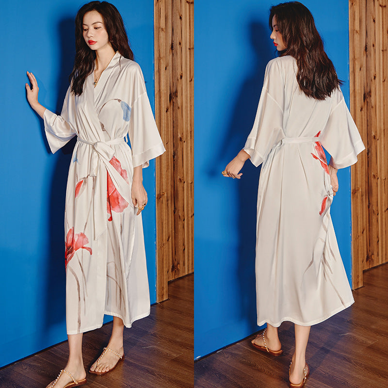 Women’s Luxury Silk Dressing Gown – Long Floral Print Elegant Nightwear Robe