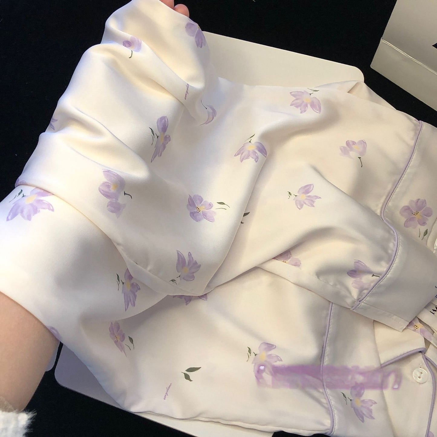 Magnolia Ice Silk Pajama Set – Women’s Long Sleeve Summer Loungewear Suit