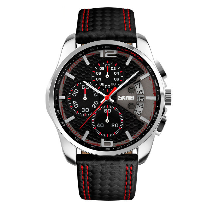 Men’s Leather Quartz Sports Watch – Waterproof Chronograph with Calendar