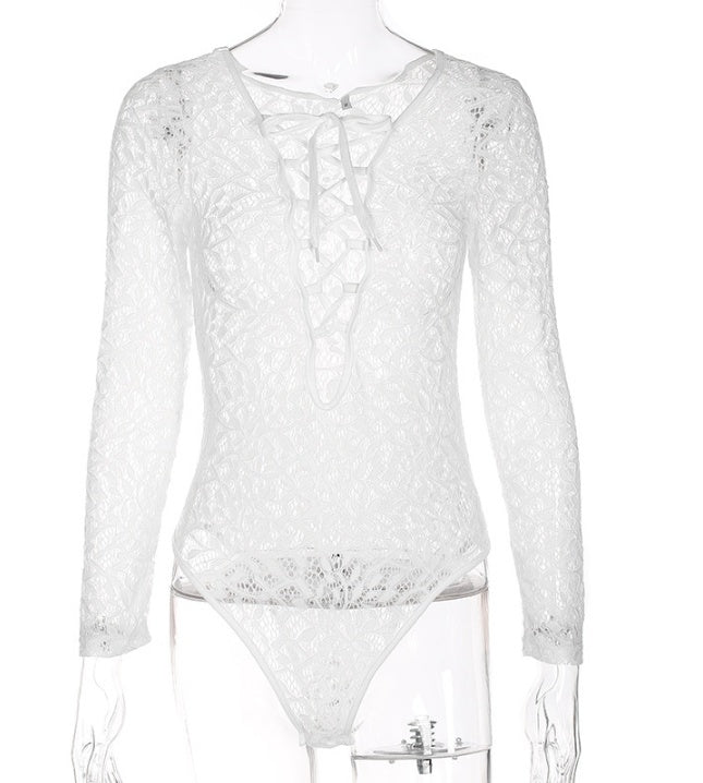 Women’s Lace Romper Jumpsuit – Deep V Hollow Out Short Bodysuit with Tie, Long Sleeve Summer White