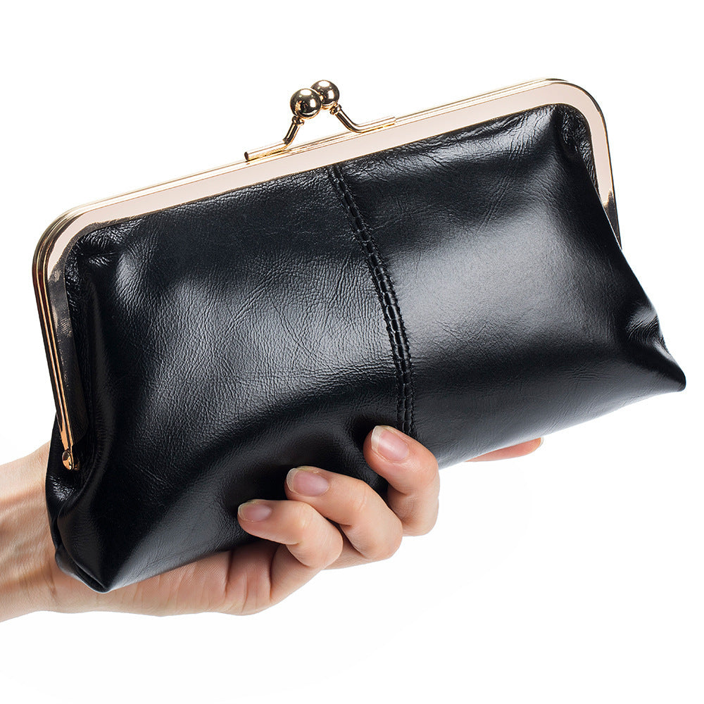 European & American Retro Genuine Leather Long Clutch Wallet – Vintage Oil Wax Clip Bag