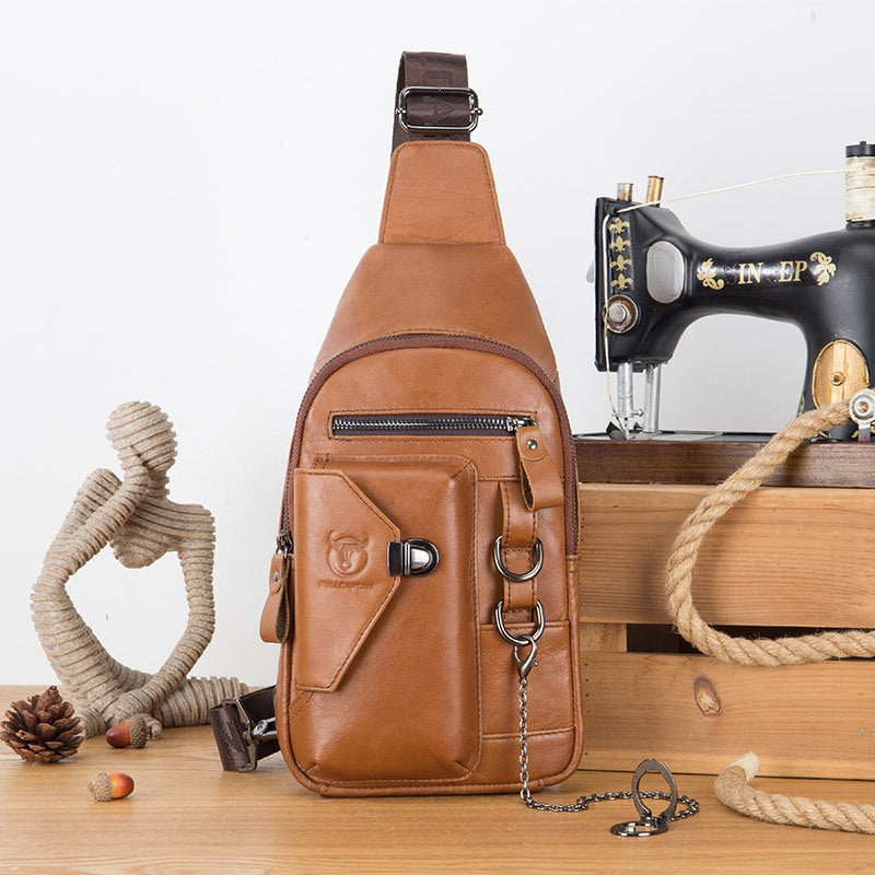 Genuine Leather Men’s Chest Shoulder Messenger Bag – Retro Cowhide Crossbody Sling Bag