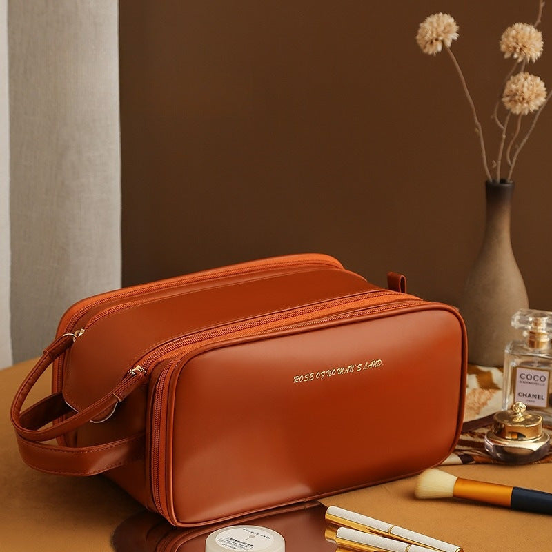 Three-Layer PU Leather Cosmetic Bag – Double Zipper U-Shape Portable Makeup Organizer