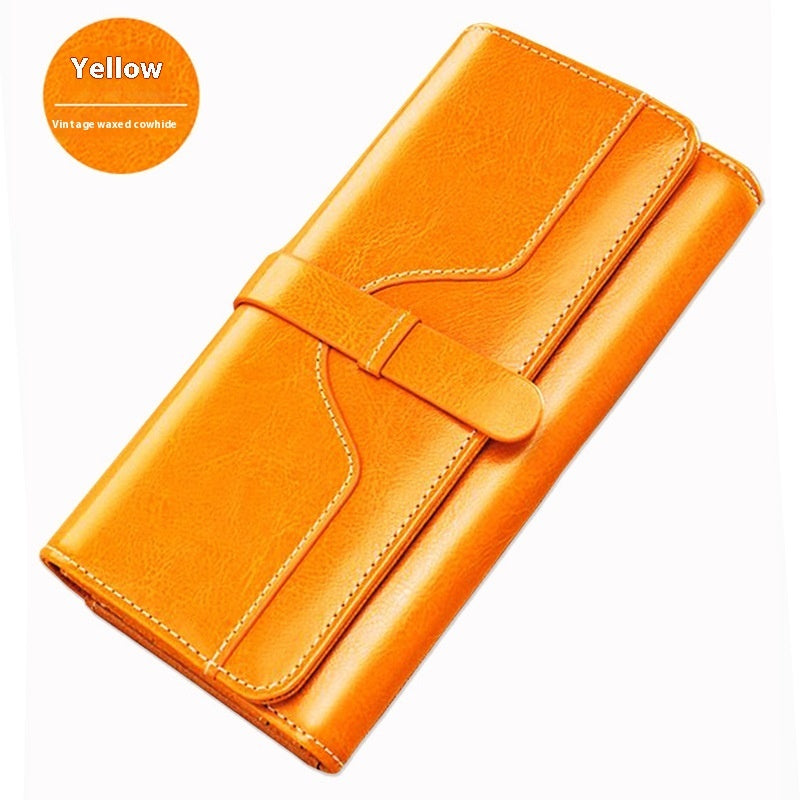 Pure Leather Women’s Tri-fold Wallet – Long Buckle Genuine Cowhide