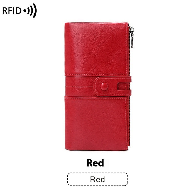 Oil Wax Leather Women’s Long Wallet – Double Zipper Retro Anti-theft PU Purse