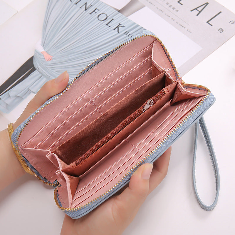 Women’s Crown Embroidery Clutch Wallet – Single Zip PU Leather Long Purse