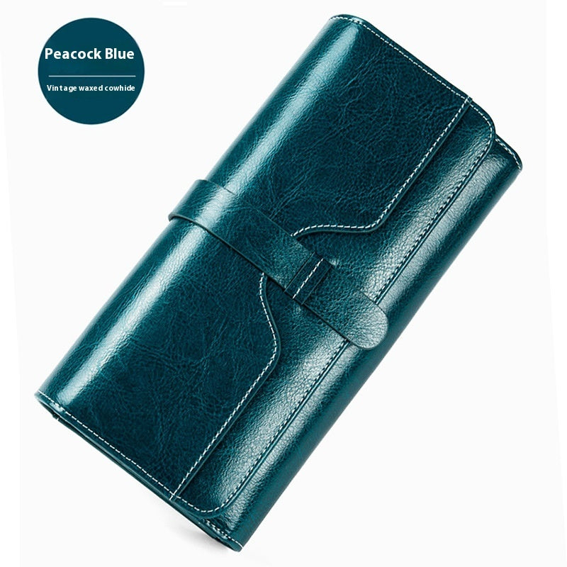 Pure Leather Women’s Tri-fold Wallet – Long Buckle Genuine Cowhide