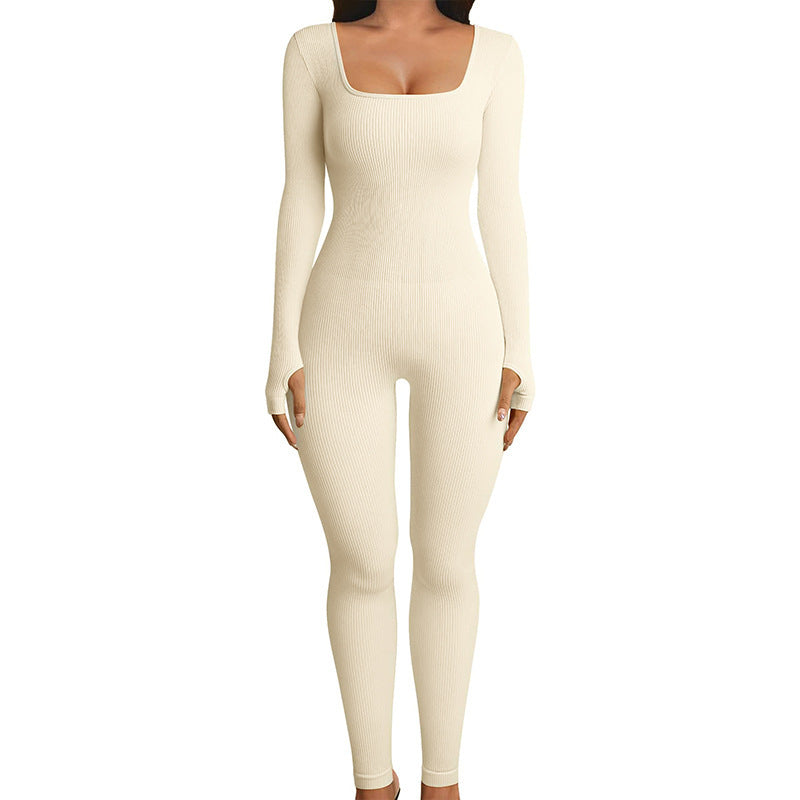 Seamless Double-Layer Body Shaper Jumpsuit – Long Sleeve Yoga & Sports Bodysuit for Women