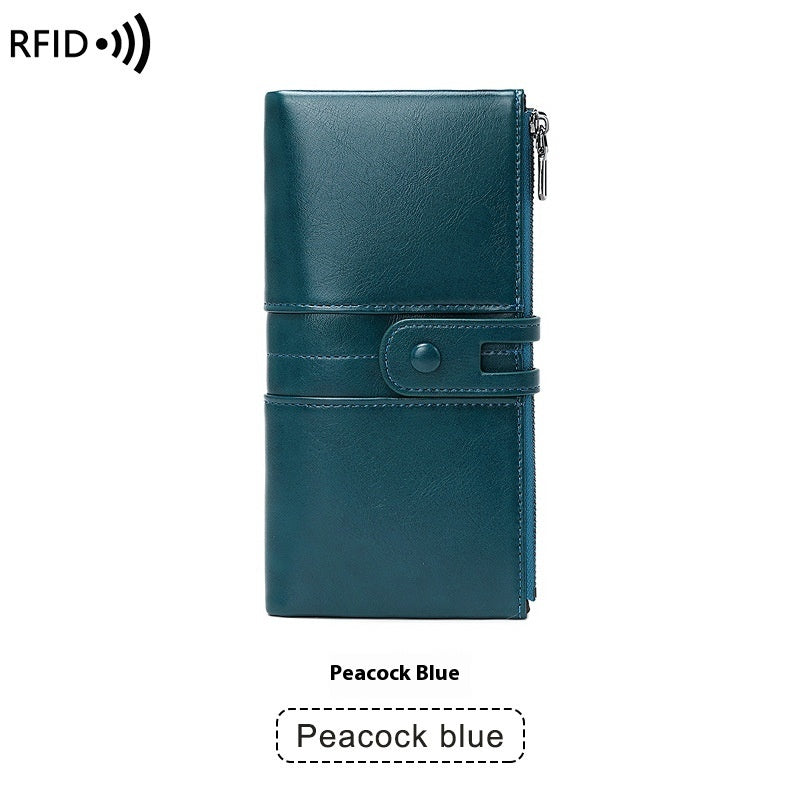 Oil Wax Leather Women’s Long Wallet – Double Zipper Retro Anti-theft PU Purse
