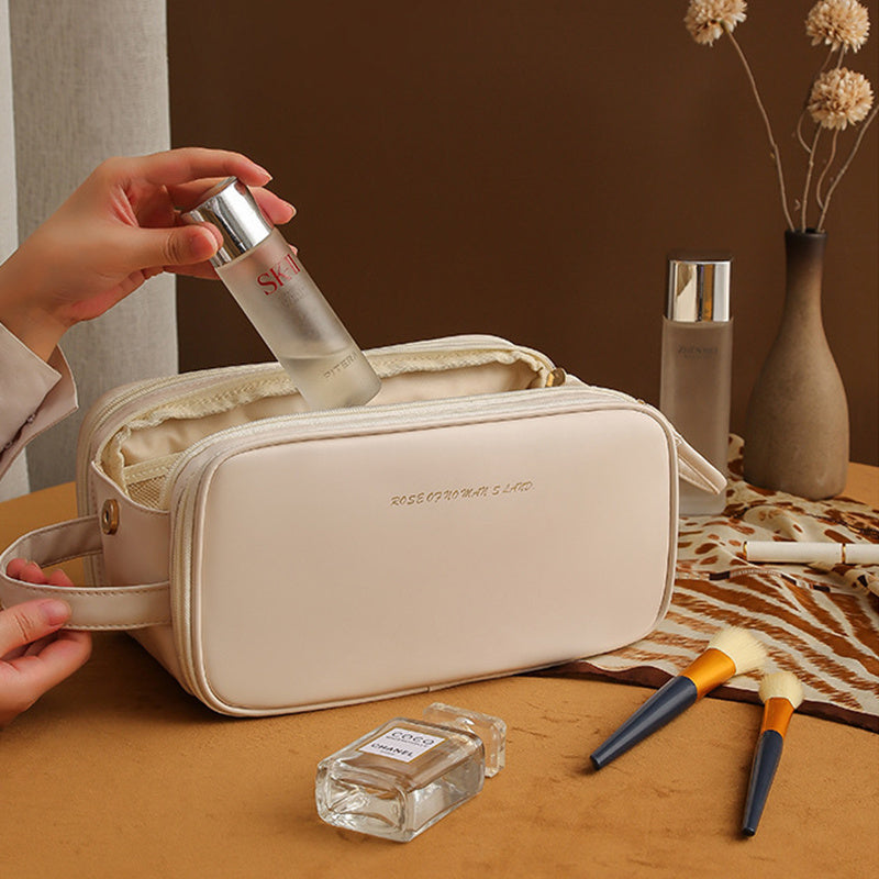 Three-Layer PU Leather Cosmetic Bag – Double Zipper U-Shape Portable Makeup Organizer