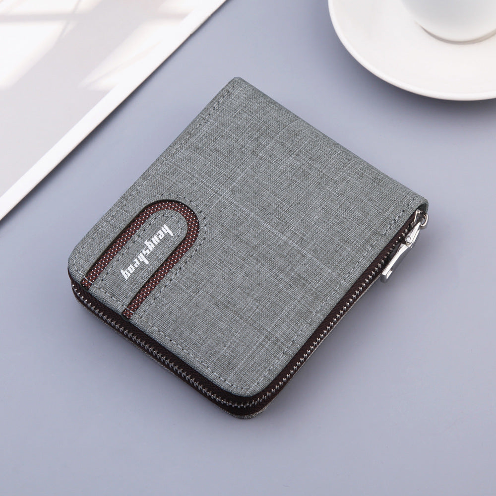 Men’s Canvas Short Wallet – Retro Multifunctional Zipper Bifold Purse with Card & Coin Holder