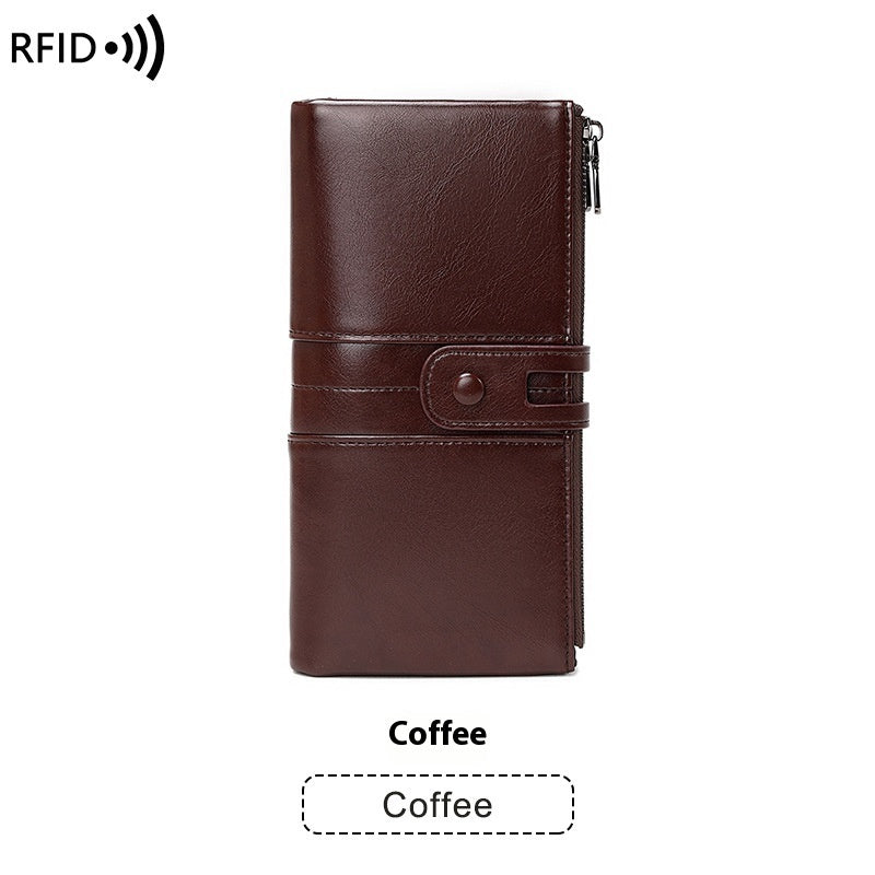 Oil Wax Leather Women’s Long Wallet – Double Zipper Retro Anti-theft PU Purse