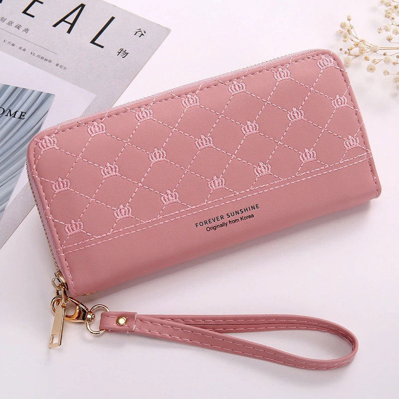 Women’s Crown Embroidery Clutch Wallet – Single Zip PU Leather Long Purse