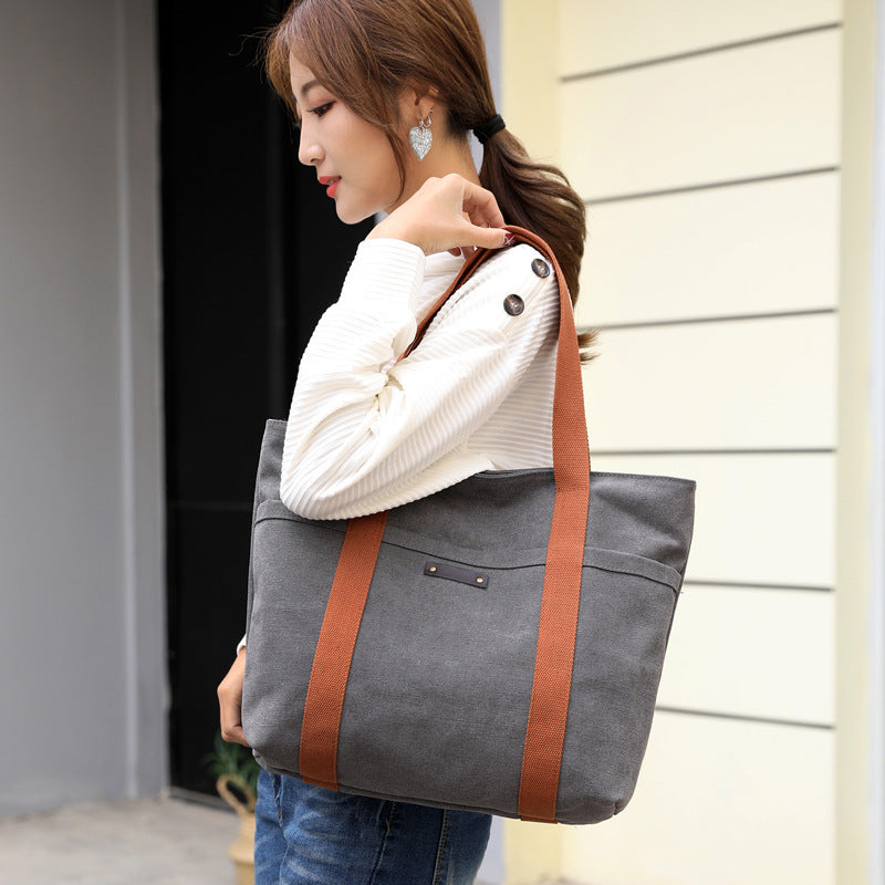 Casual Canvas Tote Bag for Women – Retro Solid Color Shoulder & Messenger Handbag