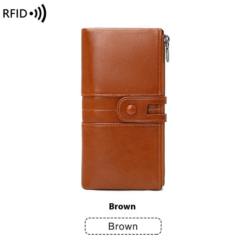 Oil Wax Leather Women’s Long Wallet – Double Zipper Retro Anti-theft PU Purse