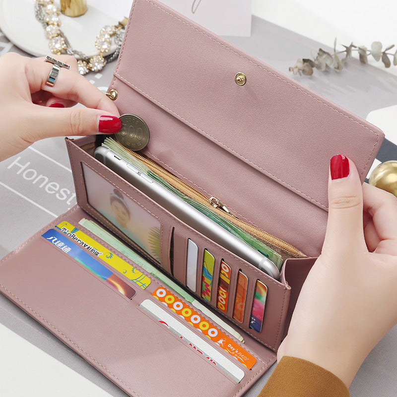 Women’s Korean Style Pendant Wallet – Long PU Leather Multi-Function Tri-Fold Purse