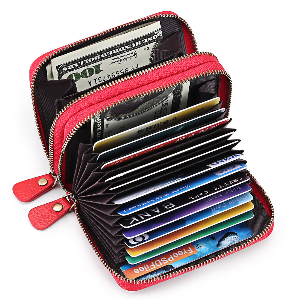 First Cowhide Double Layer Zipper Expanding Card Holder – Genuine Leather Anti-Theft Wallet with Gift Box