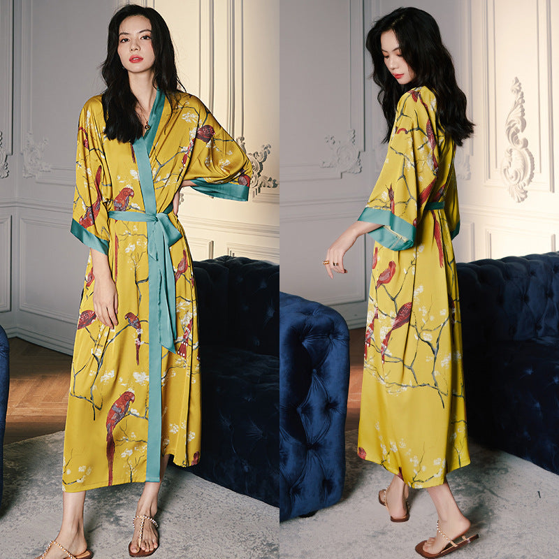 Women’s Luxury Silk Dressing Gown – Long Floral Print Elegant Nightwear Robe